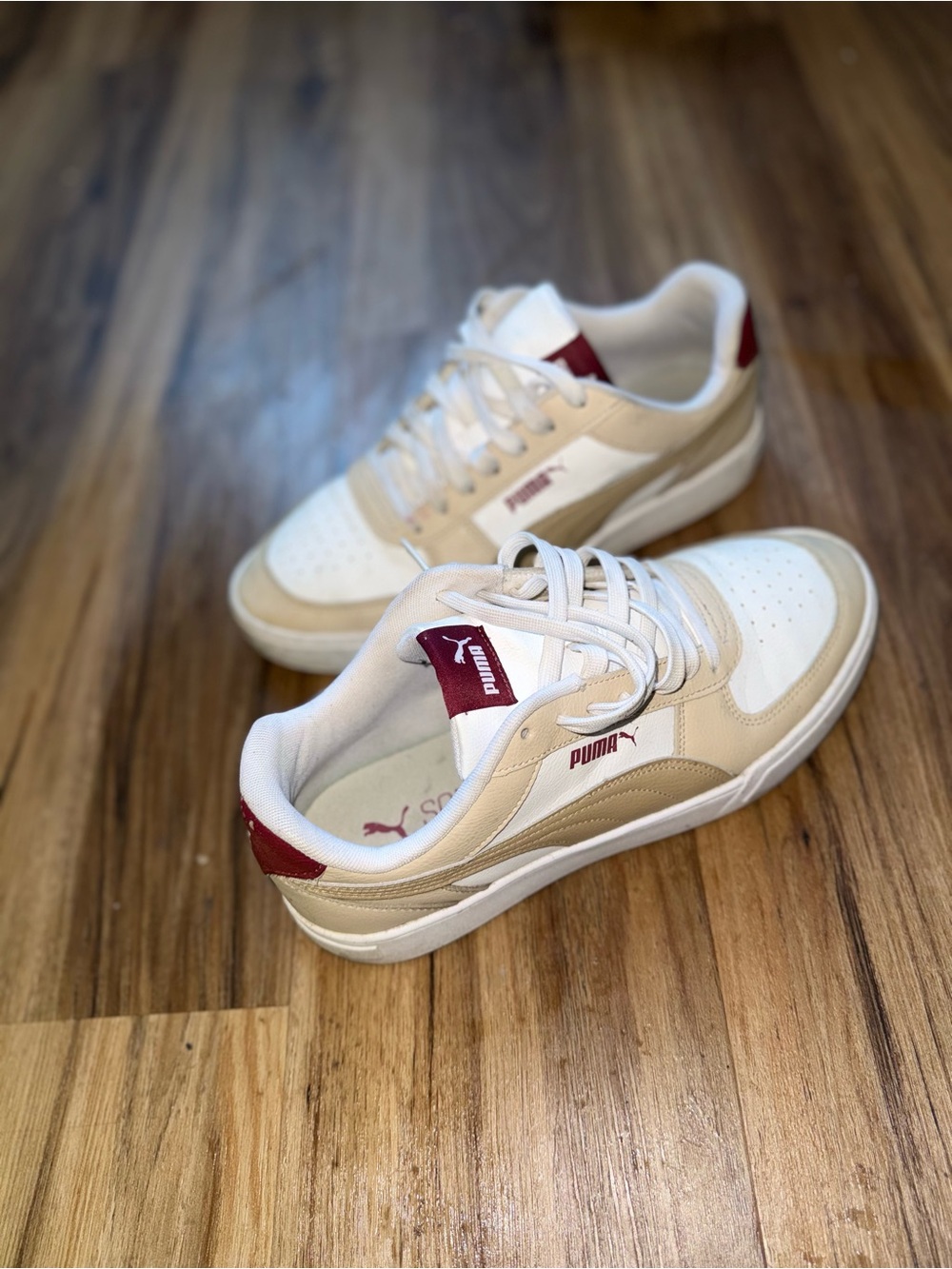 Puma White Beige Sneakers with Maroon Accents